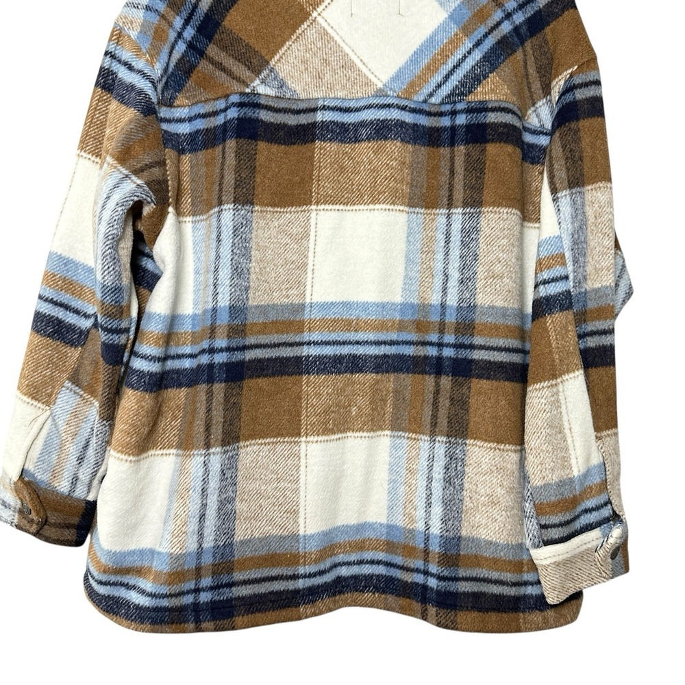 RSQ Plaid Wool Blend Shacket Jacket Medium Brown Blue Cream Oversized Workwear - Picture 14 of 14